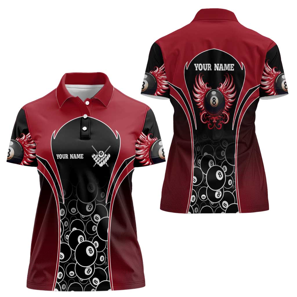 Personalized Billiards Eight Ball Women Polo Shirt with Red Wing Emblem and Black Gradient Bubble Pattern - Wonder Print Shop