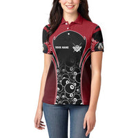 Personalized Billiards Eight Ball Women Polo Shirt with Red Wing Emblem and Black Gradient Bubble Pattern - Wonder Print Shop