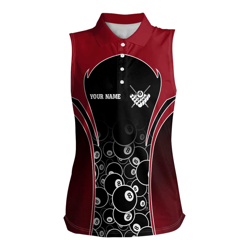 Personalized Billiards Eight Ball Women Sleeveless Polo Shirt with Red Wing Emblem and Black Gradient Bubble Pattern - Wonder Print Shop