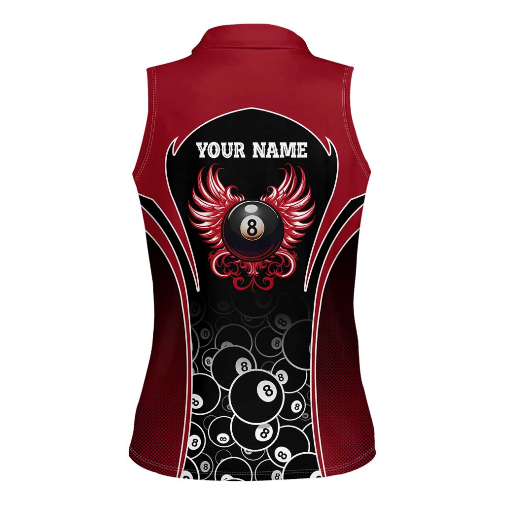 Personalized Billiards Eight Ball Women Sleeveless Polo Shirt with Red Wing Emblem and Black Gradient Bubble Pattern - Wonder Print Shop
