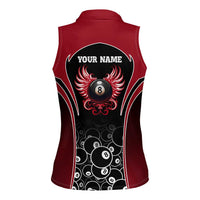 Personalized Billiards Eight Ball Women Sleeveless Polo Shirt with Red Wing Emblem and Black Gradient Bubble Pattern - Wonder Print Shop