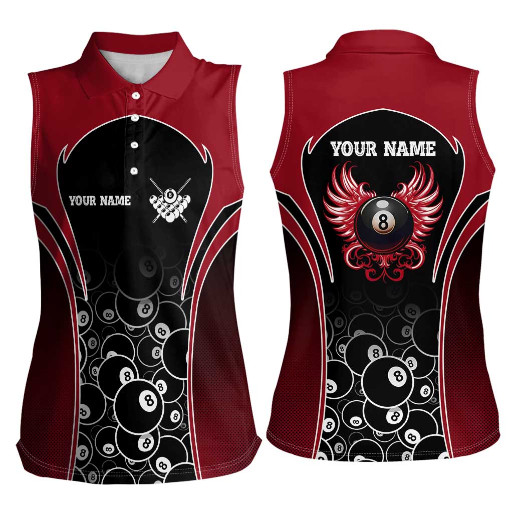 Personalized Billiards Eight Ball Women Sleeveless Polo Shirt with Red Wing Emblem and Black Gradient Bubble Pattern - Wonder Print Shop