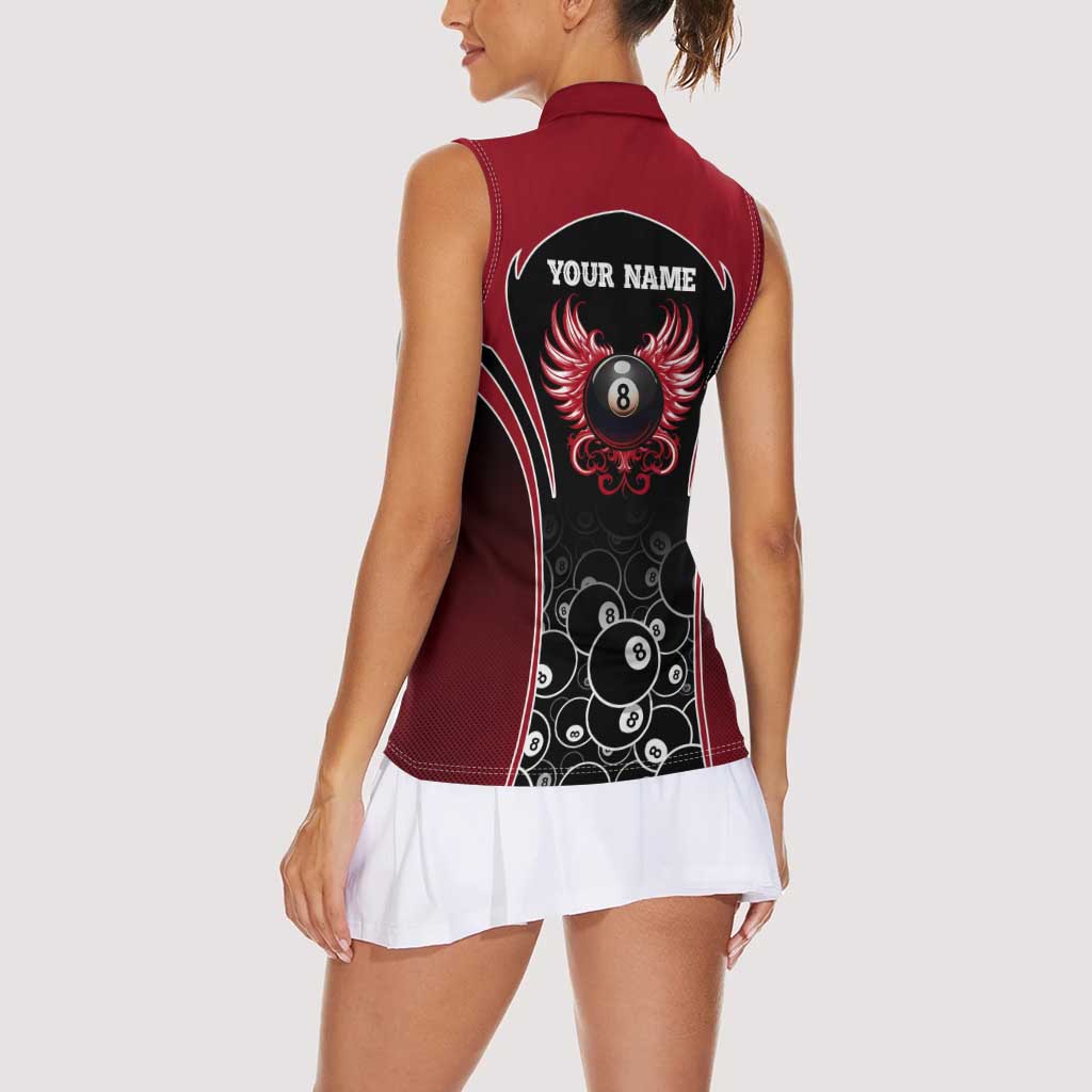 Personalized Billiards Eight Ball Women Sleeveless Polo Shirt with Red Wing Emblem and Black Gradient Bubble Pattern - Wonder Print Shop
