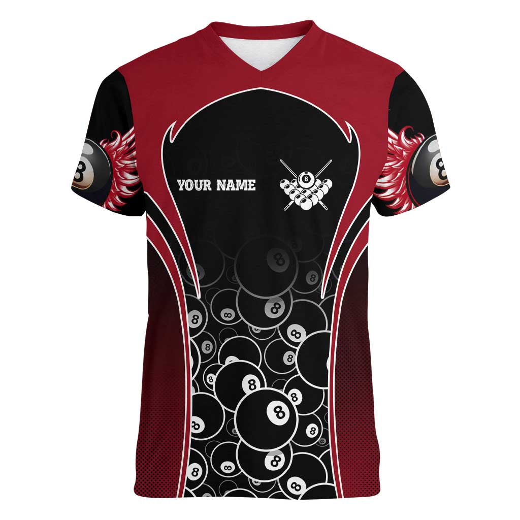 Personalized Billiards Eight Ball Women V-Neck T-Shirt with Red Wing Emblem and Black Gradient Bubble Pattern - Wonder Print Shop