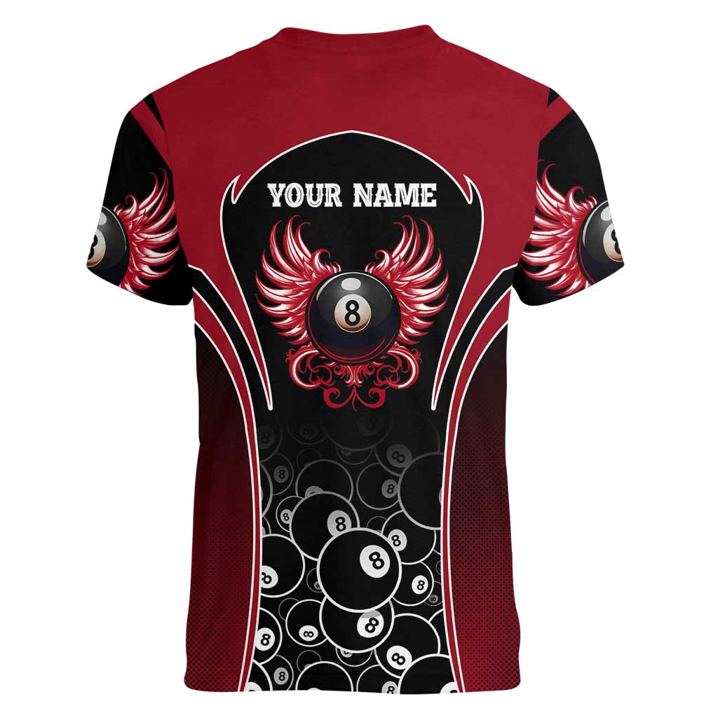 Personalized Billiards Eight Ball Women V-Neck T-Shirt with Red Wing Emblem and Black Gradient Bubble Pattern - Wonder Print Shop