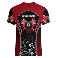 Personalized Billiards Eight Ball Women V-Neck T-Shirt with Red Wing Emblem and Black Gradient Bubble Pattern - Wonder Print Shop