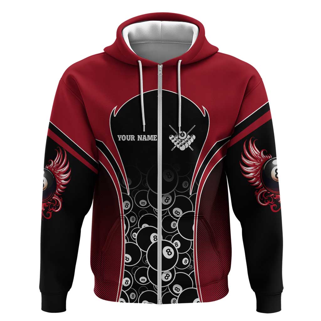 Personalized Billiards Eight Ball Zip Hoodie with Red Wing Emblem and Black Gradient Bubble Pattern - Wonder Print Shop