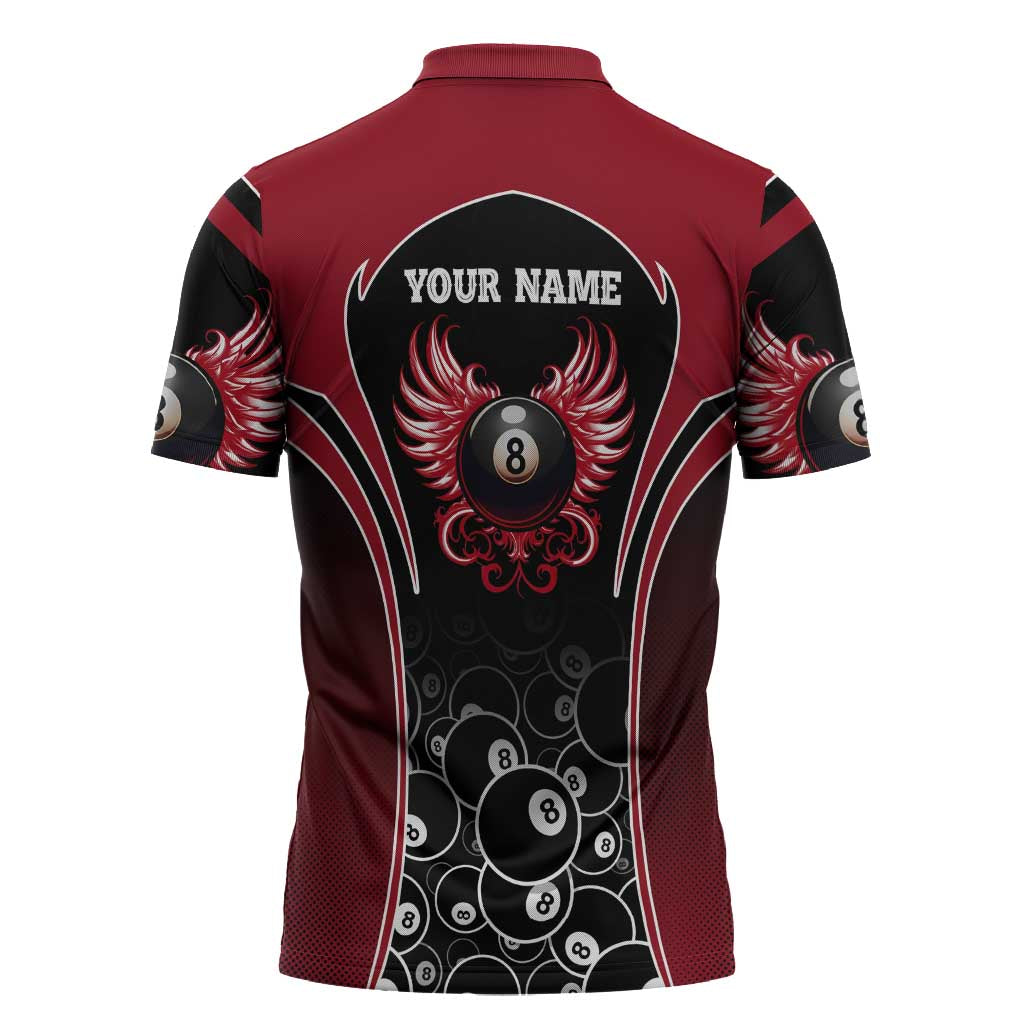 Personalized Billiards Eight Ball Zipper Polo Shirt with Red Wing Emblem and Black Gradient Bubble Pattern - Wonder Print Shop
