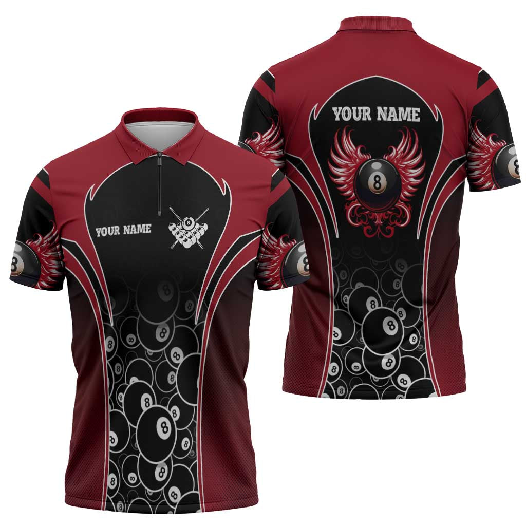 Personalized Billiards Eight Ball Zipper Polo Shirt with Red Wing Emblem and Black Gradient Bubble Pattern - Wonder Print Shop