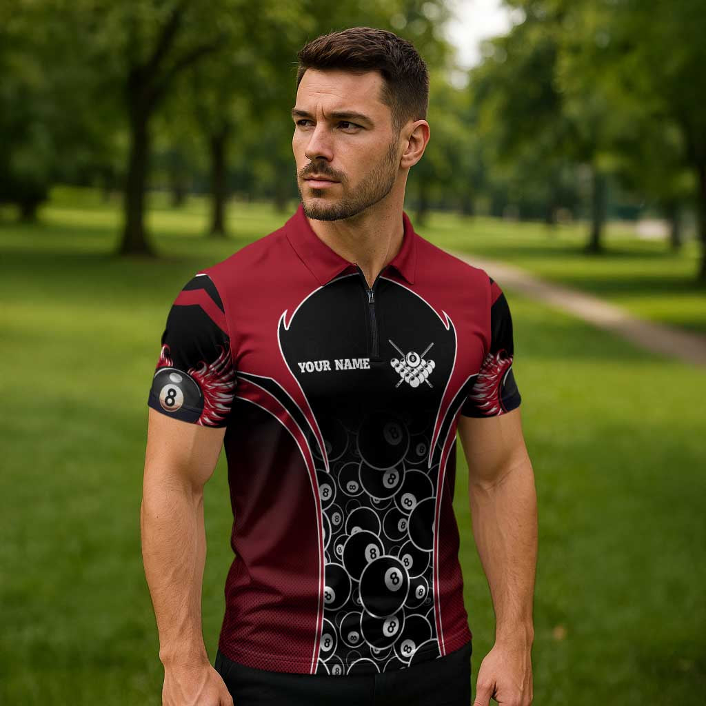 Personalized Billiards Eight Ball Zipper Polo Shirt with Red Wing Emblem and Black Gradient Bubble Pattern - Wonder Print Shop