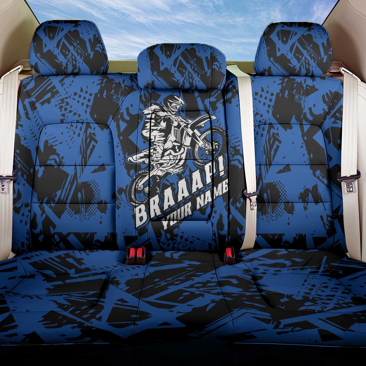Personalized Motocross Rider Back Car Seat Cover with Blue Graffiti Splash Pattern - Wonder Print Shop