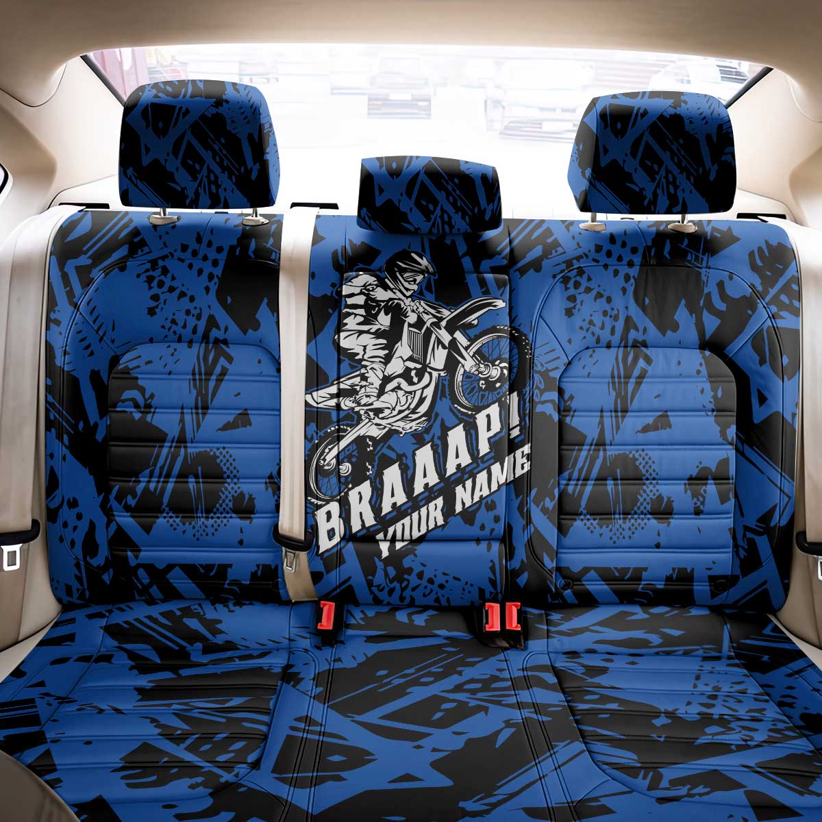 Personalized Motocross Rider Back Car Seat Cover with Blue Graffiti Splash Pattern - Wonder Print Shop
