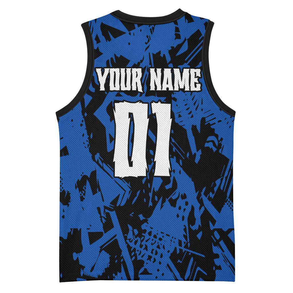 Personalized Motocross Rider Basketball Jersey with Blue Graffiti Splash Pattern - Wonder Print Shop