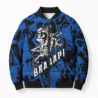 Personalized Motocross Rider Bomber Puffer Jacket with Blue Graffiti Splash Pattern - Wonder Print Shop