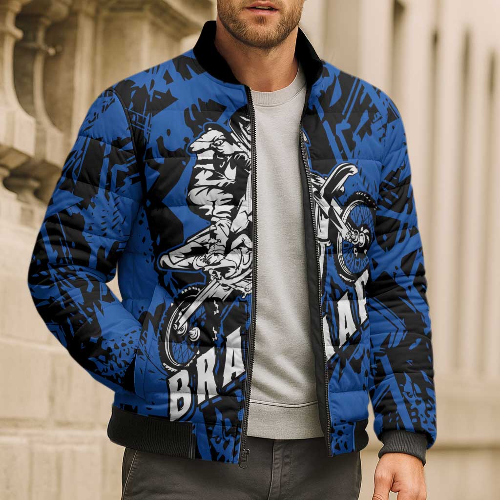 Personalized Motocross Rider Bomber Puffer Jacket with Blue Graffiti Splash Pattern - Wonder Print Shop