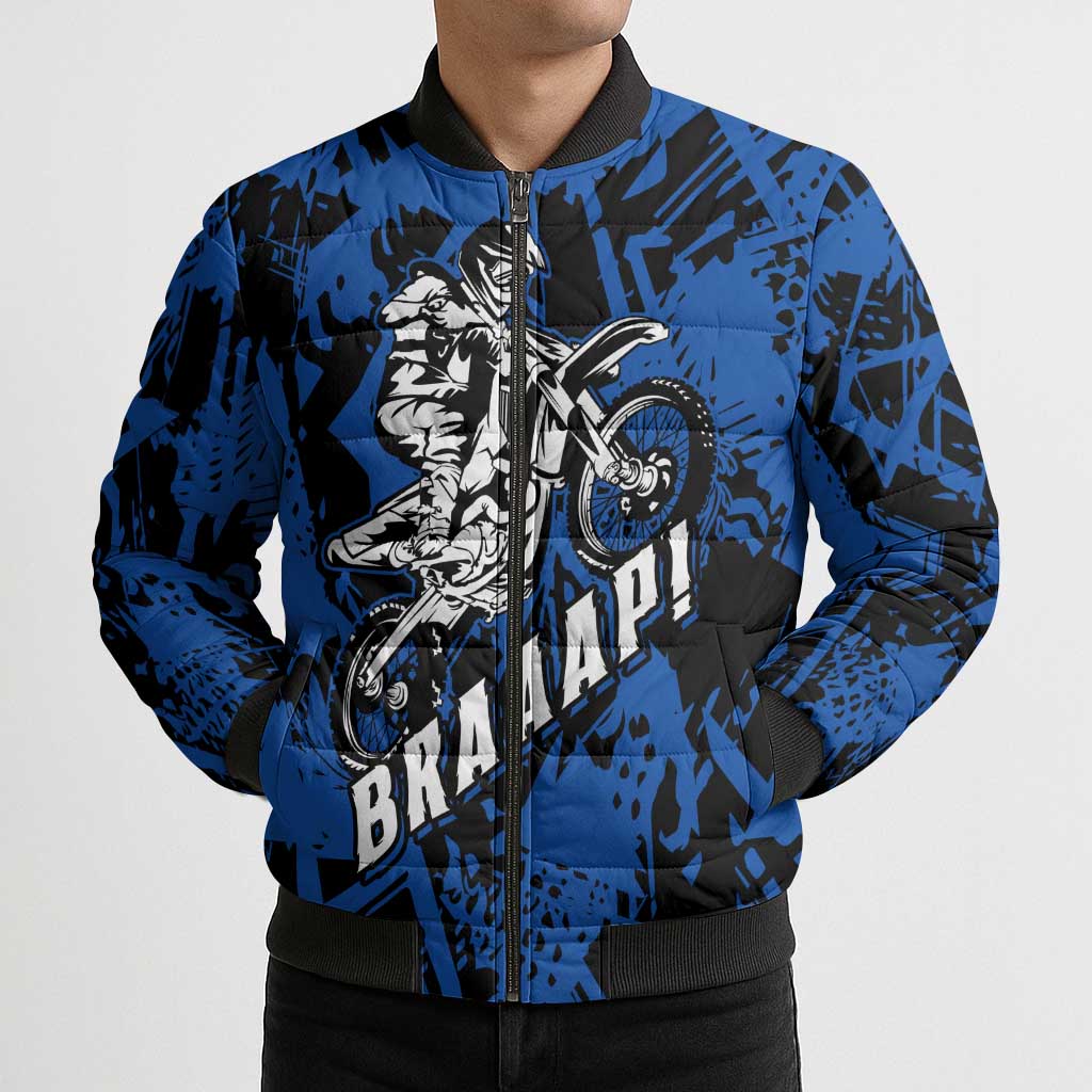 Personalized Motocross Rider Bomber Puffer Jacket with Blue Graffiti Splash Pattern - Wonder Print Shop