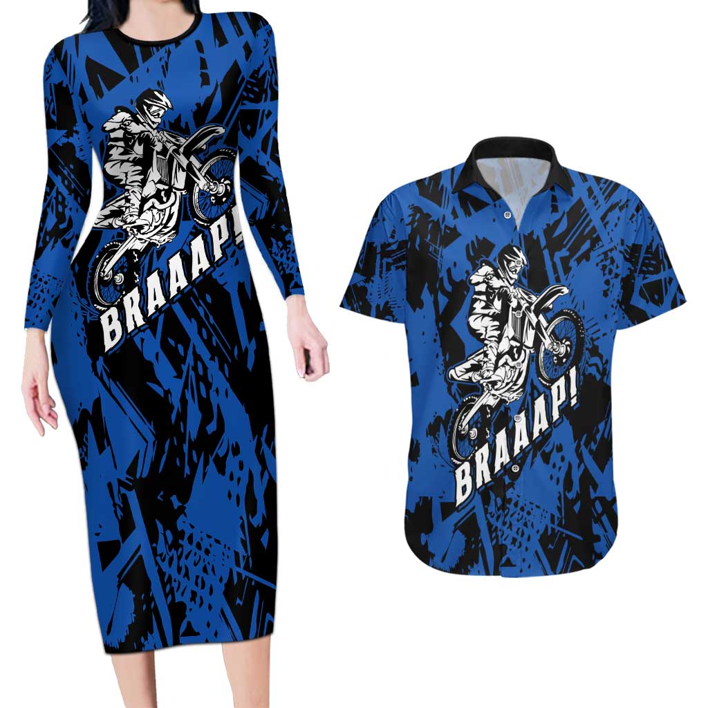 Personalized Motocross Rider Couples Matching Long Sleeve Bodycon Dress and Hawaiian Shirt with Blue Graffiti Splash Pattern - Wonder Print Shop