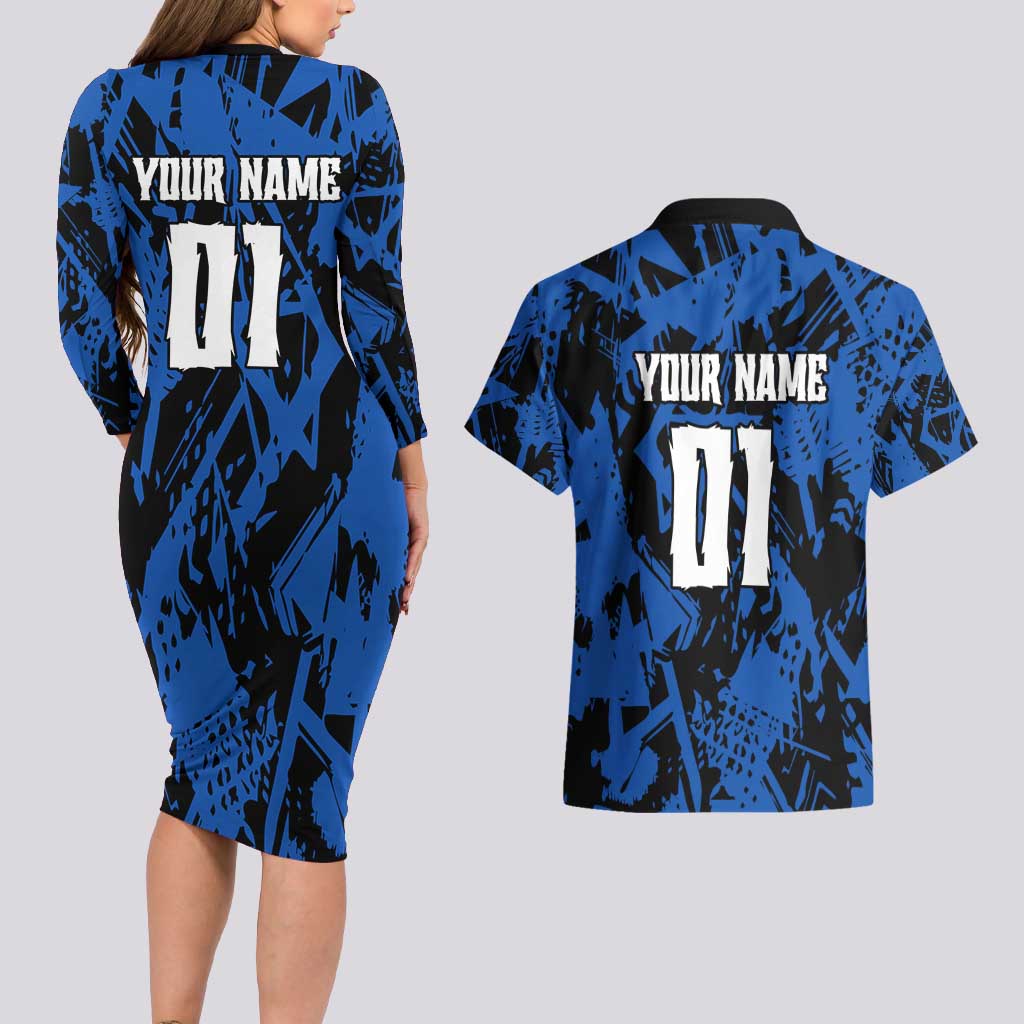 Personalized Motocross Rider Couples Matching Long Sleeve Bodycon Dress and Hawaiian Shirt with Blue Graffiti Splash Pattern - Wonder Print Shop