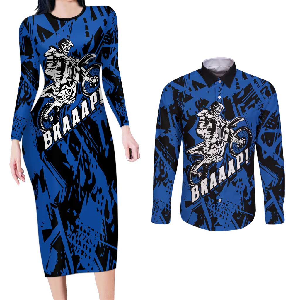 Personalized Motocross Rider Couples Matching Long Sleeve Bodycon Dress and Long Sleeve Button Shirt with Blue Graffiti Splash Pattern - Wonder Print Shop
