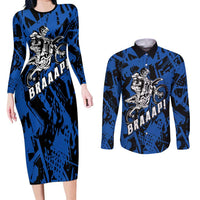 Personalized Motocross Rider Couples Matching Long Sleeve Bodycon Dress and Long Sleeve Button Shirt with Blue Graffiti Splash Pattern - Wonder Print Shop