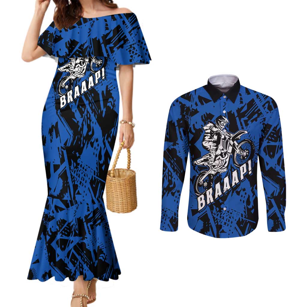 Personalized Motocross Rider Couples Matching Mermaid Dress and Long Sleeve Button Shirt with Blue Graffiti Splash Pattern - Wonder Print Shop