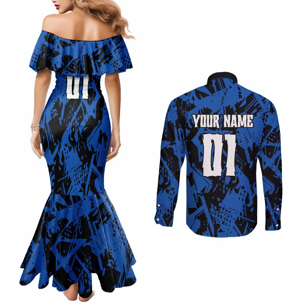 Personalized Motocross Rider Couples Matching Mermaid Dress and Long Sleeve Button Shirt with Blue Graffiti Splash Pattern - Wonder Print Shop