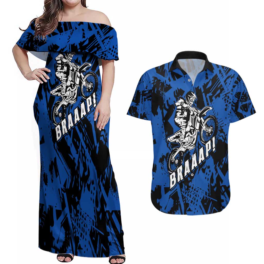 Personalized Motocross Rider Couples Matching Off Shoulder Maxi Dress and Hawaiian Shirt with Blue Graffiti Splash Pattern - Wonder Print Shop