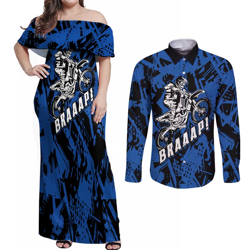 Personalized Motocross Rider Couples Matching Off Shoulder Maxi Dress and Long Sleeve Button Shirt with Blue Graffiti Splash Pattern - Wonder Print Shop