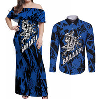 Personalized Motocross Rider Couples Matching Off Shoulder Maxi Dress and Long Sleeve Button Shirt with Blue Graffiti Splash Pattern - Wonder Print Shop