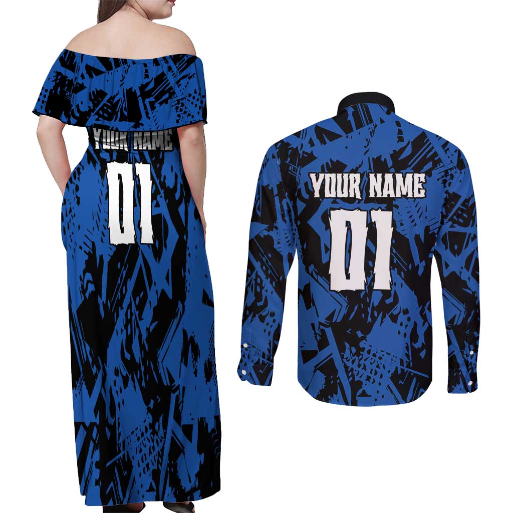 Personalized Motocross Rider Couples Matching Off Shoulder Maxi Dress and Long Sleeve Button Shirt with Blue Graffiti Splash Pattern - Wonder Print Shop