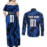 Personalized Motocross Rider Couples Matching Off Shoulder Maxi Dress and Long Sleeve Button Shirt with Blue Graffiti Splash Pattern - Wonder Print Shop