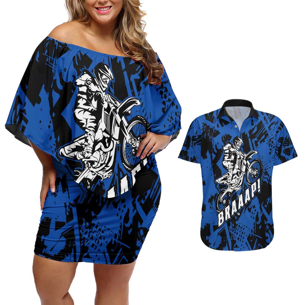 Personalized Motocross Rider Couples Matching Off Shoulder Short Dress and Hawaiian Shirt with Blue Graffiti Splash Pattern - Wonder Print Shop