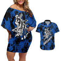 Personalized Motocross Rider Couples Matching Off Shoulder Short Dress and Hawaiian Shirt with Blue Graffiti Splash Pattern - Wonder Print Shop