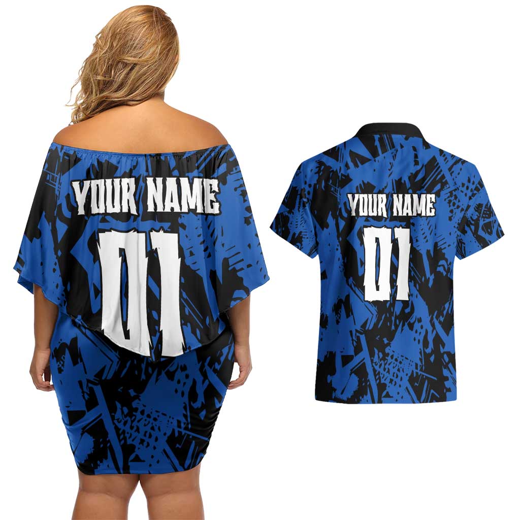 Personalized Motocross Rider Couples Matching Off Shoulder Short Dress and Hawaiian Shirt with Blue Graffiti Splash Pattern - Wonder Print Shop