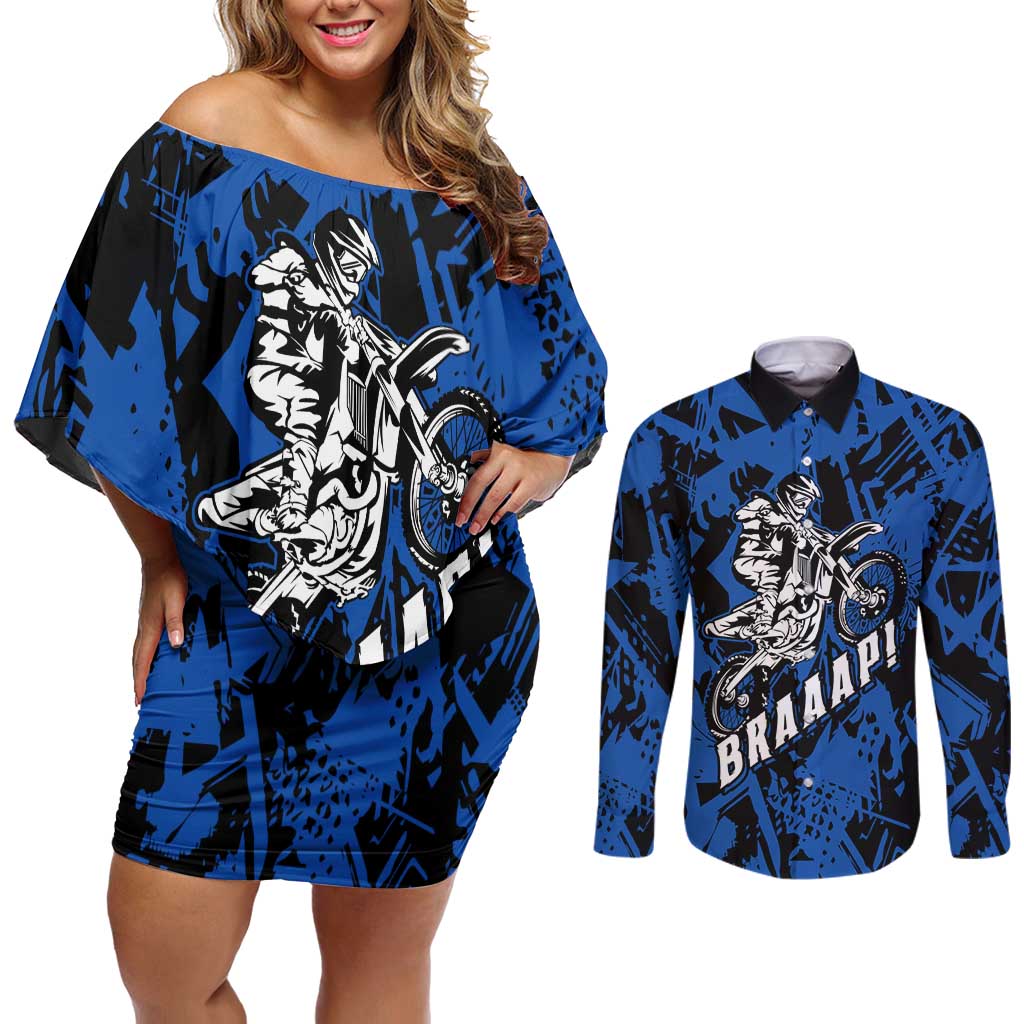 Personalized Motocross Rider Couples Matching Off Shoulder Short Dress and Long Sleeve Button Shirt with Blue Graffiti Splash Pattern - Wonder Print Shop