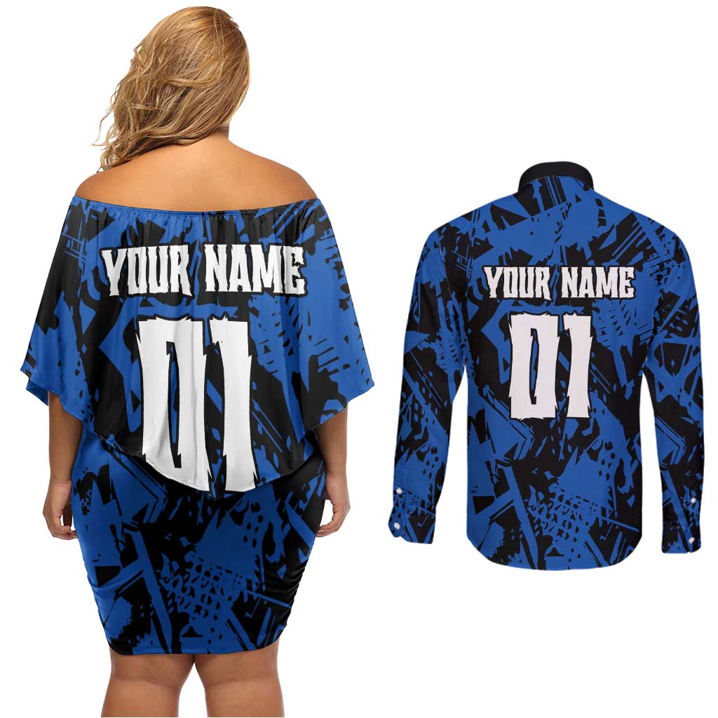 Personalized Motocross Rider Couples Matching Off Shoulder Short Dress and Long Sleeve Button Shirt with Blue Graffiti Splash Pattern - Wonder Print Shop