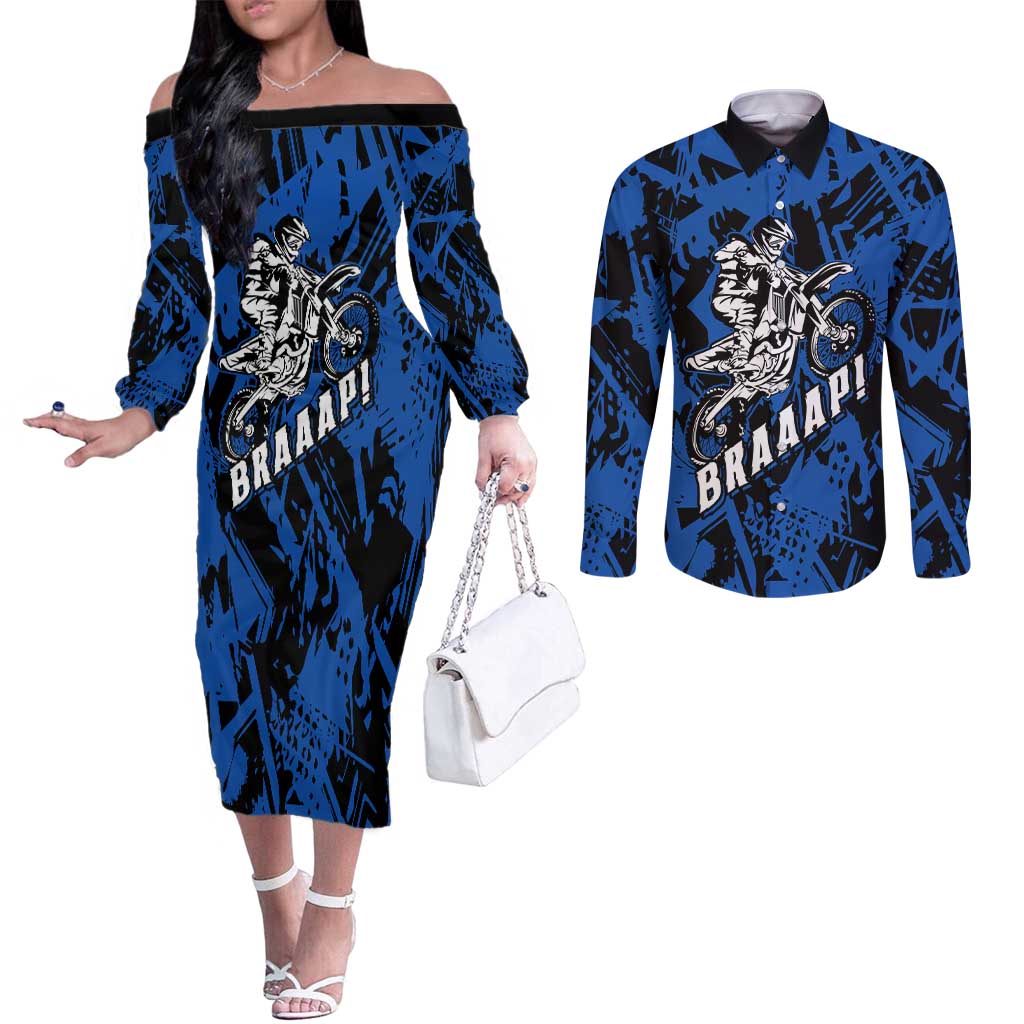 Personalized Motocross Rider Couples Matching Off The Shoulder Long Sleeve Dress and Long Sleeve Button Shirt with Blue Graffiti Splash Pattern - Wonder Print Shop