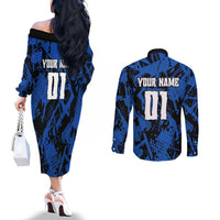 Personalized Motocross Rider Couples Matching Off The Shoulder Long Sleeve Dress and Long Sleeve Button Shirt with Blue Graffiti Splash Pattern - Wonder Print Shop