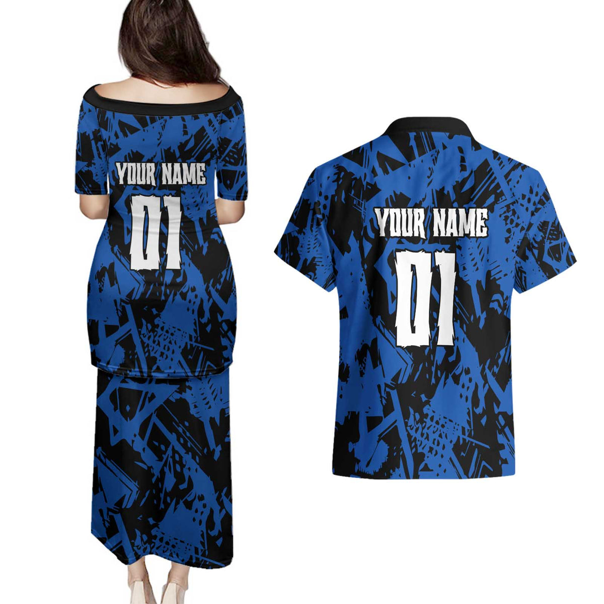 Personalized Motocross Rider Couples Matching Puletasi and Hawaiian Shirt with Blue Graffiti Splash Pattern - Wonder Print Shop