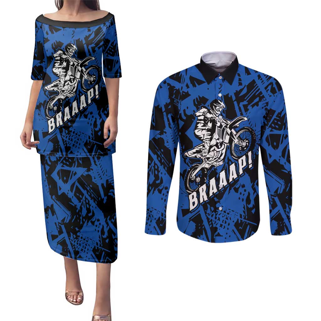 Personalized Motocross Rider Couples Matching Puletasi and Long Sleeve Button Shirt with Blue Graffiti Splash Pattern - Wonder Print Shop