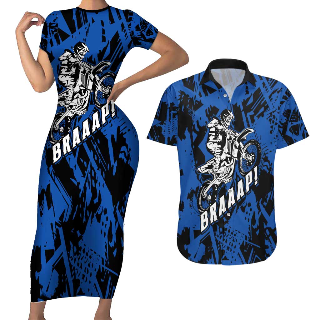 Personalized Motocross Rider Couples Matching Short Sleeve Bodycon Dress and Hawaiian Shirt with Blue Graffiti Splash Pattern - Wonder Print Shop