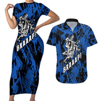 Personalized Motocross Rider Couples Matching Short Sleeve Bodycon Dress and Hawaiian Shirt with Blue Graffiti Splash Pattern - Wonder Print Shop