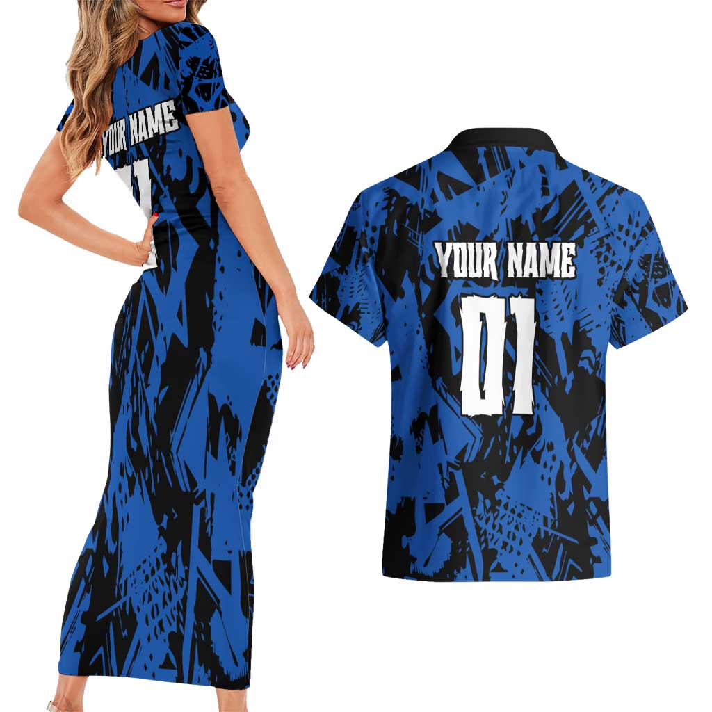 Personalized Motocross Rider Couples Matching Short Sleeve Bodycon Dress and Hawaiian Shirt with Blue Graffiti Splash Pattern - Wonder Print Shop