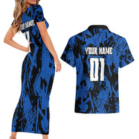 Personalized Motocross Rider Couples Matching Short Sleeve Bodycon Dress and Hawaiian Shirt with Blue Graffiti Splash Pattern - Wonder Print Shop