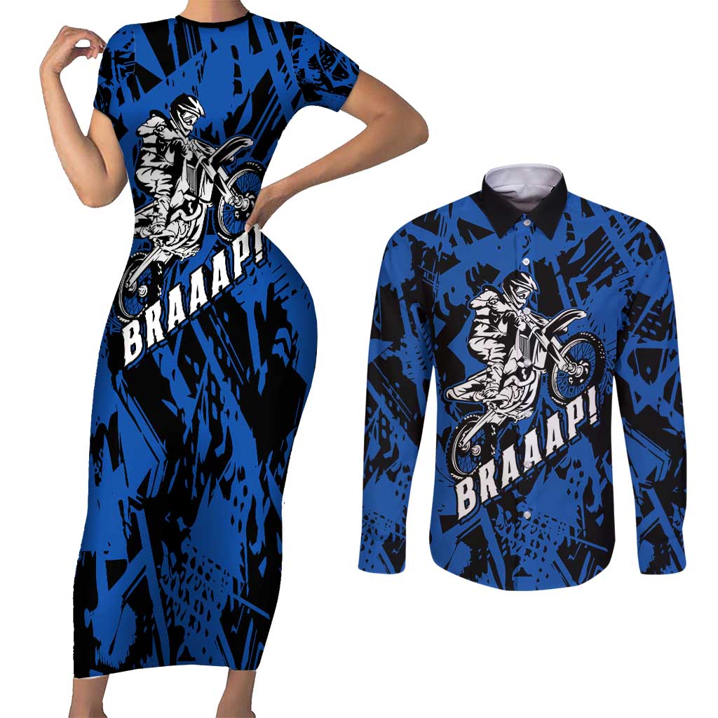 Personalized Motocross Rider Couples Matching Short Sleeve Bodycon Dress and Long Sleeve Button Shirt with Blue Graffiti Splash Pattern - Wonder Print Shop