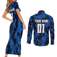 Personalized Motocross Rider Couples Matching Short Sleeve Bodycon Dress and Long Sleeve Button Shirt with Blue Graffiti Splash Pattern - Wonder Print Shop