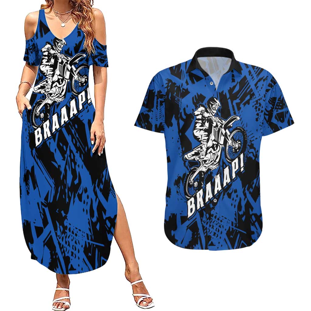 Personalized Motocross Rider Couples Matching Summer Maxi Dress and Hawaiian Shirt with Blue Graffiti Splash Pattern - Wonder Print Shop