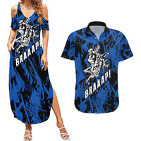 Personalized Motocross Rider Couples Matching Summer Maxi Dress and Hawaiian Shirt with Blue Graffiti Splash Pattern - Wonder Print Shop