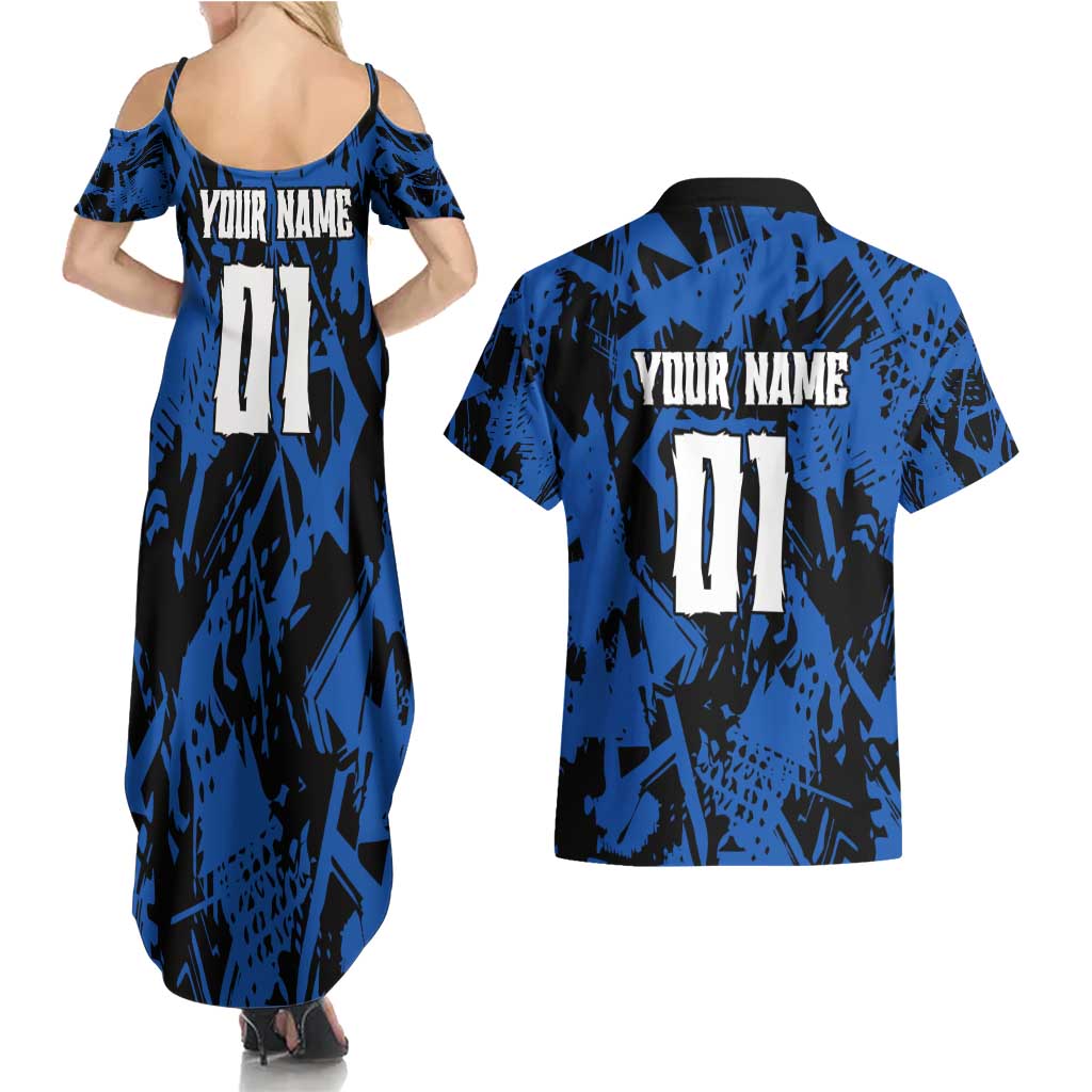 Personalized Motocross Rider Couples Matching Summer Maxi Dress and Hawaiian Shirt with Blue Graffiti Splash Pattern - Wonder Print Shop