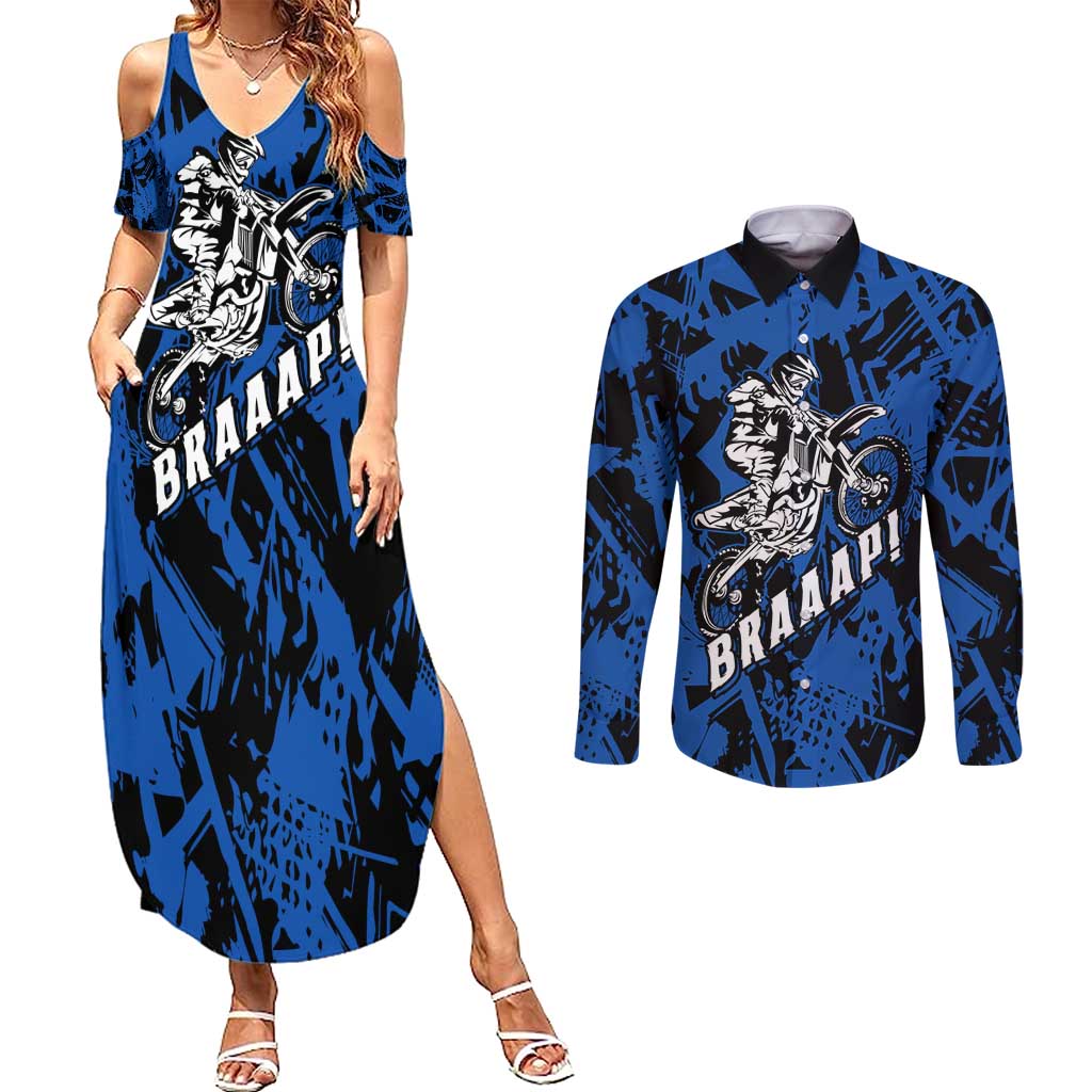 Personalized Motocross Rider Couples Matching Summer Maxi Dress and Long Sleeve Button Shirt with Blue Graffiti Splash Pattern - Wonder Print Shop